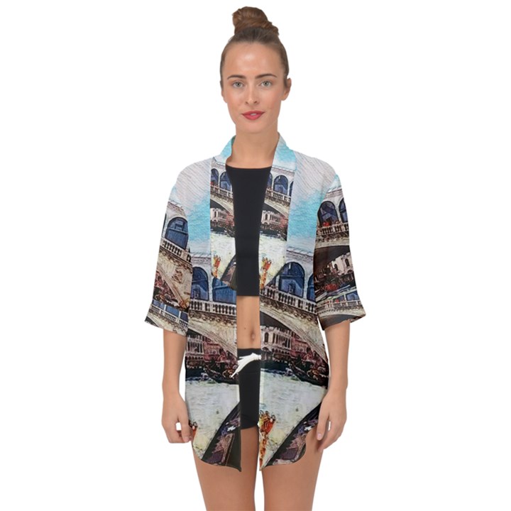 Lovely Gondola Ride - Venetian Bridge Open Front Chiffon Kimono