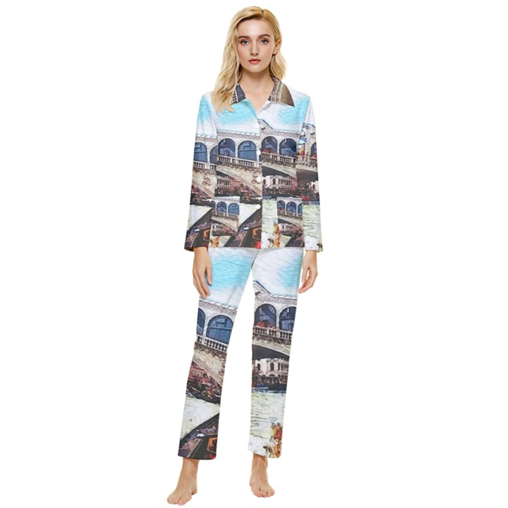 Lovely Gondola Ride - Venetian Bridge Womens  Long Sleeve Velvet Pocket Pajamas Set