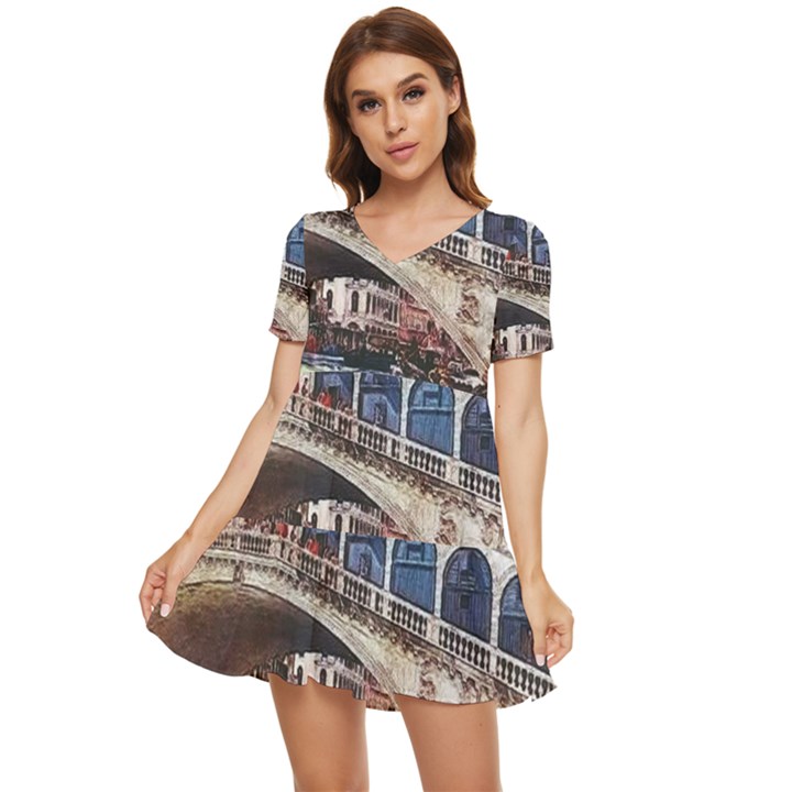 Lovely Gondola Ride - Venetian Bridge Tiered Short Sleeve Babydoll Dress