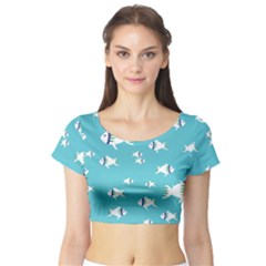 Blue Fish Pattern Short Sleeve Crop Top by danenraven