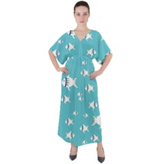 Blue Fish Pattern V-neck Boho Style Maxi Dress by danenraven