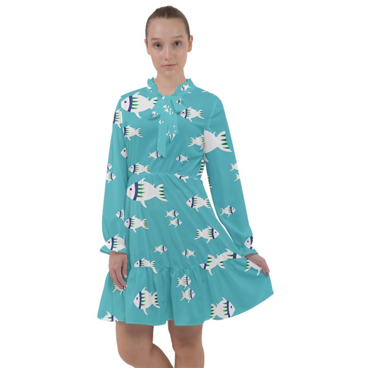 Blue Fish Pattern All Frills Chiffon Dress