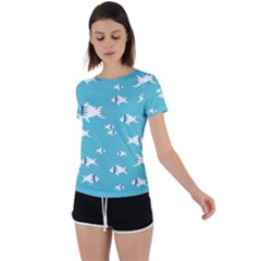 Blue Fish Pattern Back Circle Cutout Sports Tee by danenraven