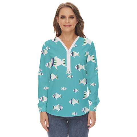 Blue Fish Pattern Zip Up Long Sleeve Blouse by danenraven