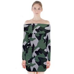 Illustration Camouflage Camo Army Soldier Abstract Pattern Long Sleeve Off Shoulder Dress by danenraven