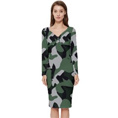 Illustration Camouflage Camo Army Soldier Abstract Pattern Long Sleeve V-neck Bodycon Dress  by danenraven