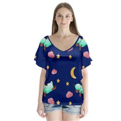 Sleepy Sheep Star And Moon V-neck Flutter Sleeve Top by danenraven