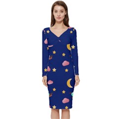 Sleepy Sheep Star And Moon Long Sleeve V-neck Bodycon Dress  by danenraven