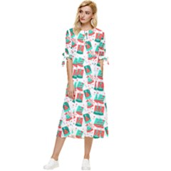 Birthday Pattern Party Celebration Bow Sleeve Chiffon Midi Dress by danenraven