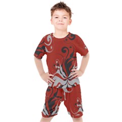 Nature Background Abstract Red Gray Black Kids  Tee And Shorts Set by danenraven