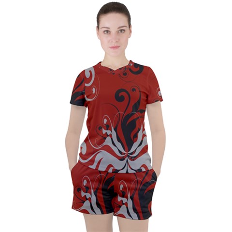 Nature Background Abstract Red Gray Black Women s Tee And Shorts Set by danenraven