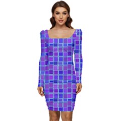 Background Mosaic Purple Blue Women Long Sleeve Ruched Stretch Jersey Dress