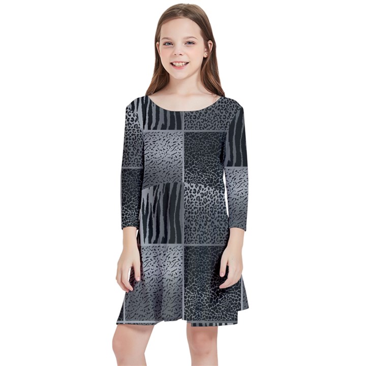 Gray Animal Print Kids  Quarter Sleeve Skater Dress