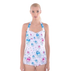 Jellyfis Pink Blue Cartoon Boyleg Halter Swimsuit  by danenraven