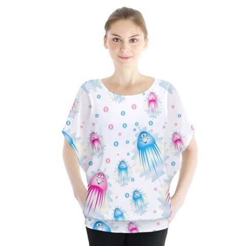 Jellyfis Pink Blue Cartoon Batwing Chiffon Blouse by danenraven