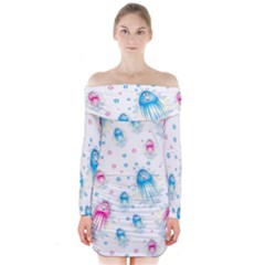 Jellyfis Pink Blue Cartoon Long Sleeve Off Shoulder Dress by danenraven