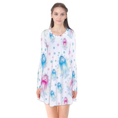 Jellyfis Pink Blue Cartoon Long Sleeve V-neck Flare Dress by danenraven