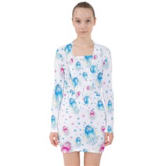 Jellyfis Pink Blue Cartoon V-neck Bodycon Long Sleeve Dress by danenraven