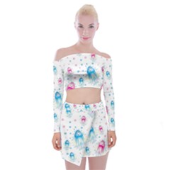 Jellyfis Pink Blue Cartoon Off Shoulder Top With Mini Skirt Set by danenraven