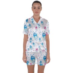 Jellyfis Pink Blue Cartoon Satin Short Sleeve Pajamas Set by danenraven