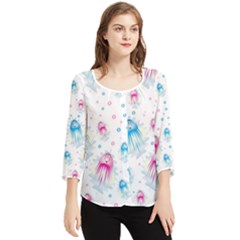 Jellyfis Pink Blue Cartoon Chiffon Quarter Sleeve Blouse by danenraven