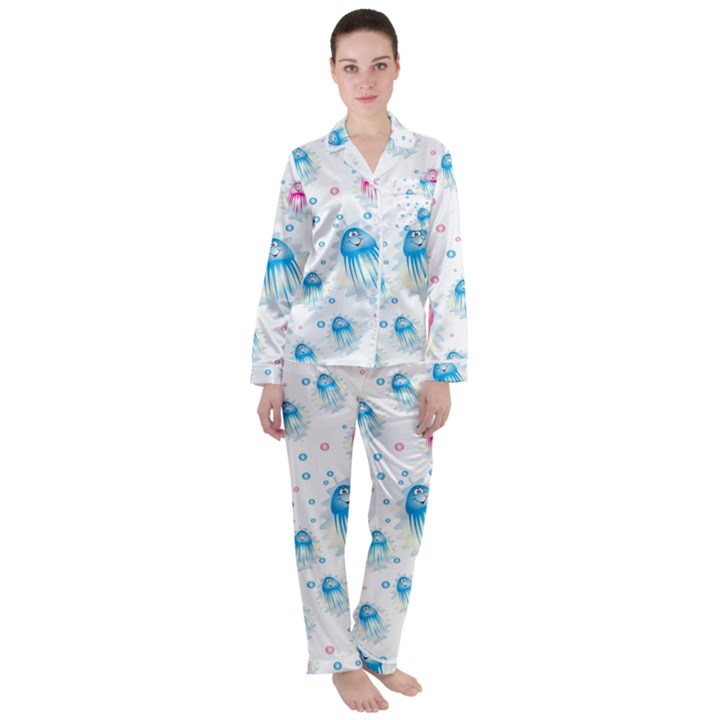 Jellyfis Pink Blue Cartoon Satin Long Sleeve Pajamas Set