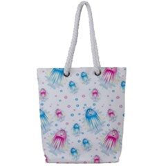 Jellyfis Pink Blue Cartoon Full Print Rope Handle Tote (small) by danenraven