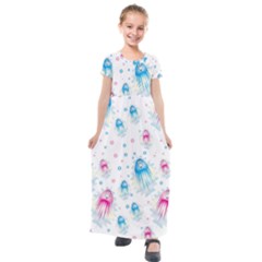 Jellyfis Pink Blue Cartoon Kids  Short Sleeve Maxi Dress by danenraven