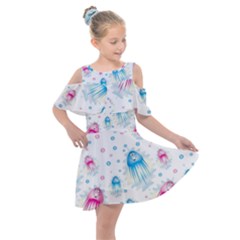 Jellyfis Pink Blue Cartoon Kids  Shoulder Cutout Chiffon Dress by danenraven