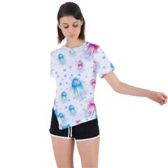 Jellyfis Pink Blue Cartoon Asymmetrical Short Sleeve Sports Tee by danenraven