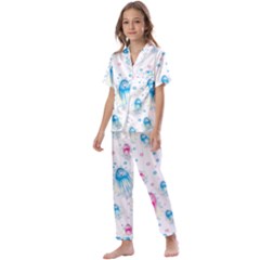 Jellyfis Pink Blue Cartoon Kids  Satin Short Sleeve Pajamas Set by danenraven