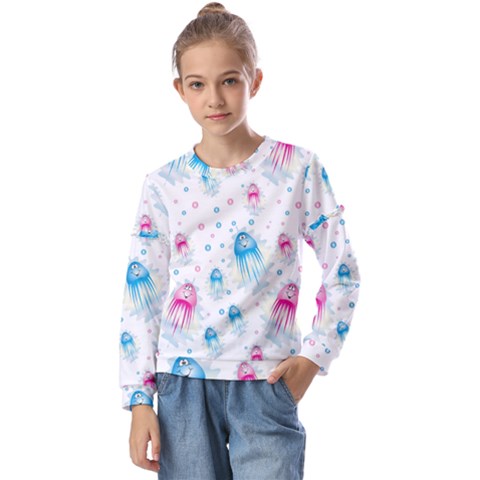 Jellyfis Pink Blue Cartoon Kids  Long Sleeve Tee With Frill  by danenraven