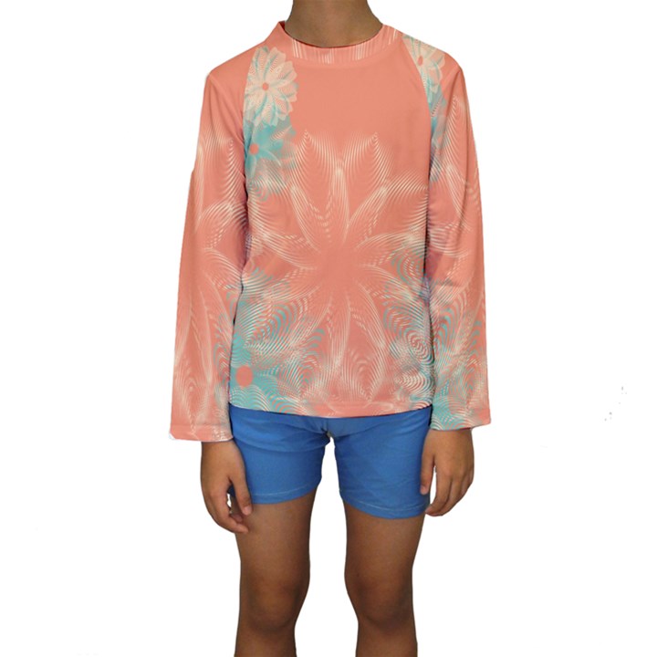 Teal Coral Abstract Floral Cream Kids  Long Sleeve Swimwear