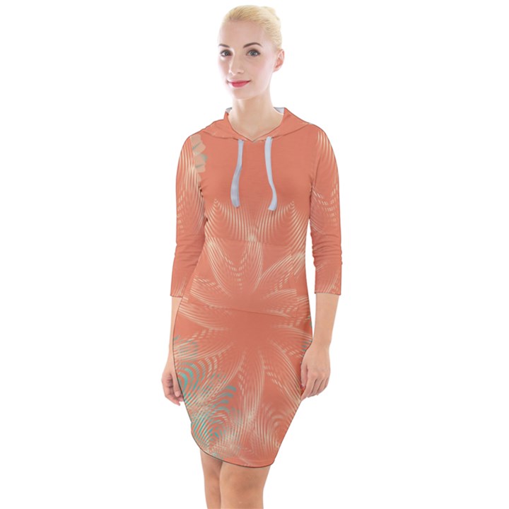 Teal Coral Abstract Floral Cream Quarter Sleeve Hood Bodycon Dress