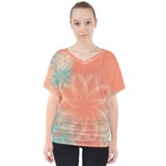 Teal Coral Abstract Floral Cream V-neck Dolman Drape Top by danenraven