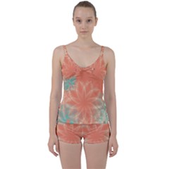 Teal Coral Abstract Floral Cream Tie Front Two Piece Tankini by danenraven