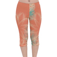 Teal Coral Abstract Floral Cream Velvet Capri Leggings  by danenraven