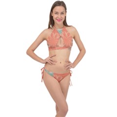 Teal Coral Abstract Floral Cream Cross Front Halter Bikini Set by danenraven