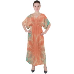 Teal Coral Abstract Floral Cream V-neck Boho Style Maxi Dress by danenraven