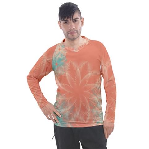 Teal Coral Abstract Floral Cream Men s Pique Long Sleeve Tee by danenraven