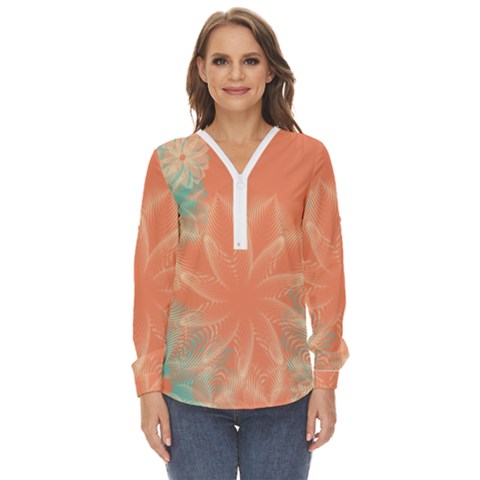 Teal Coral Abstract Floral Cream Zip Up Long Sleeve Blouse by danenraven