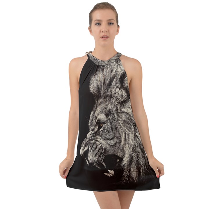 Angry Male Lion Halter Tie Back Chiffon Dress