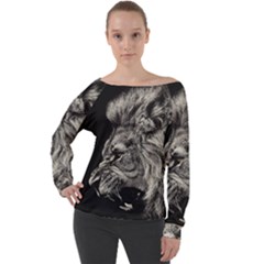 Angry Male Lion Off Shoulder Long Sleeve Velour Top