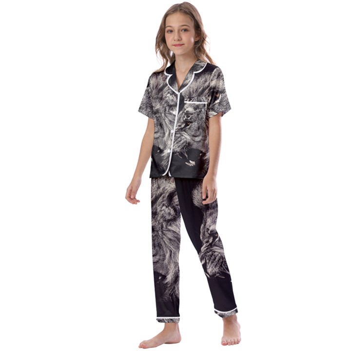 Angry Male Lion Kids  Satin Short Sleeve Pajamas Set