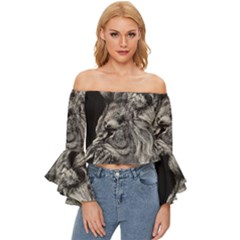 Angry Male Lion Off Shoulder Flutter Bell Sleeve Top