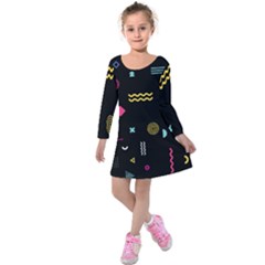 Geometric Art Colorful Shape Kids  Long Sleeve Velvet Dress by Ravend