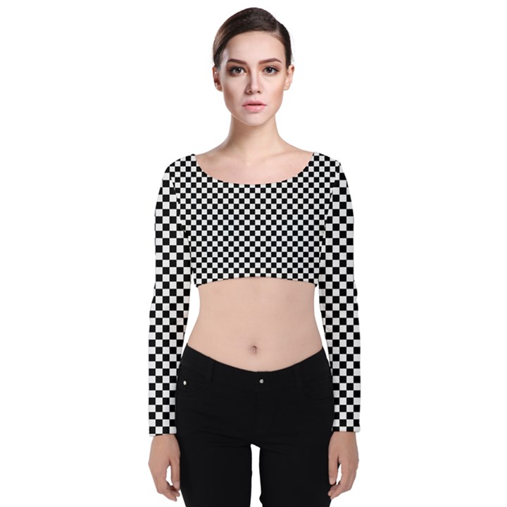 Black And White Background Black Board Checker Velvet Long Sleeve Crop Top