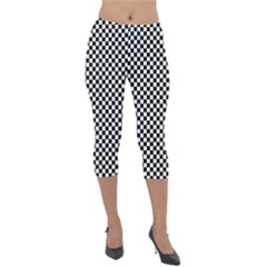 Black And White Background Black Board Checker Lightweight Velour Capri Leggings  by Ravend