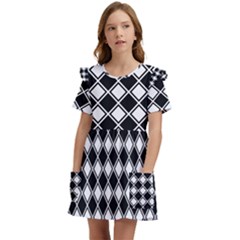 Square Diagonal Pattern Seamless Kids  Frilly Sleeves Pocket Dress by Ravend