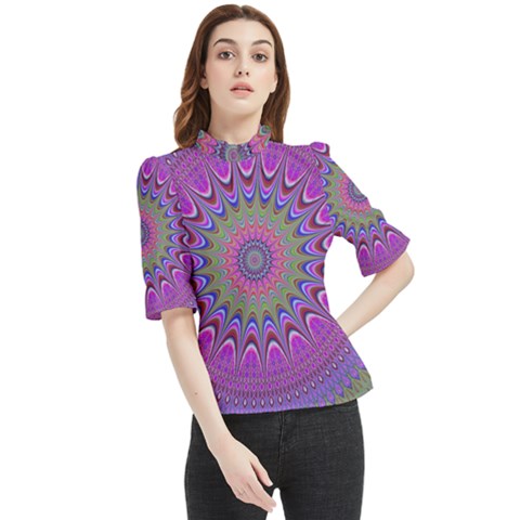 Art Mandala Design Ornament Flower Frill Neck Blouse by Ravend